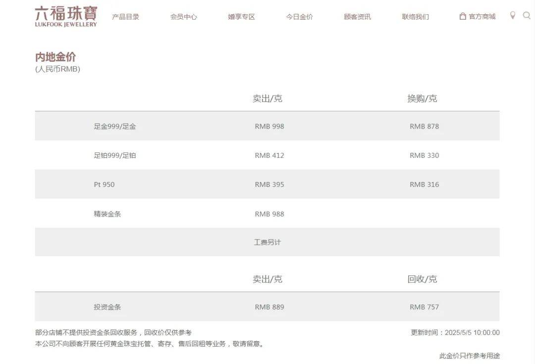 澳门六福珠宝今日金价表图